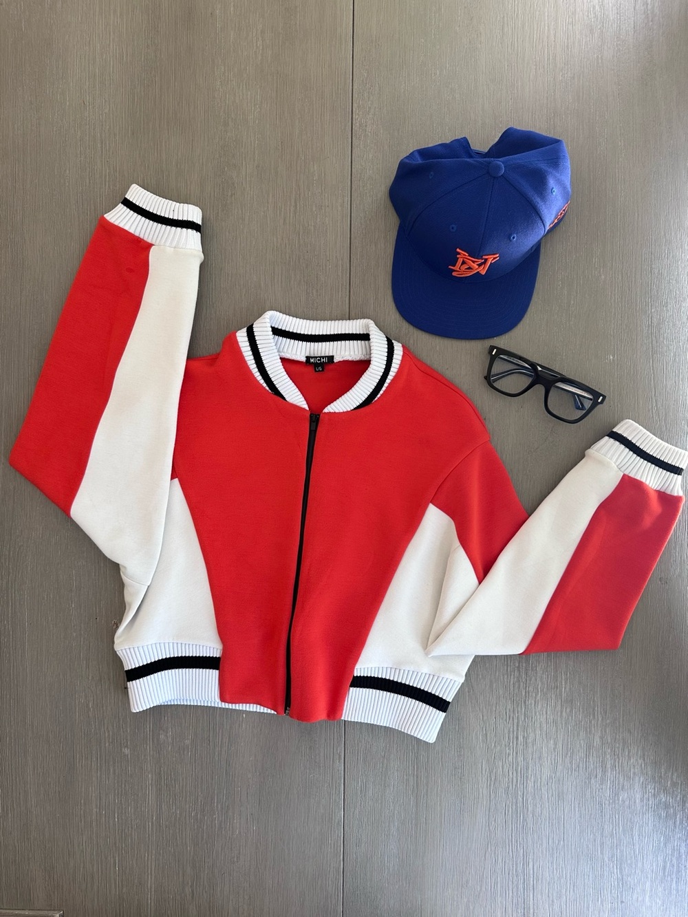 MICHI Orange and White Cropped Bomber Jacket